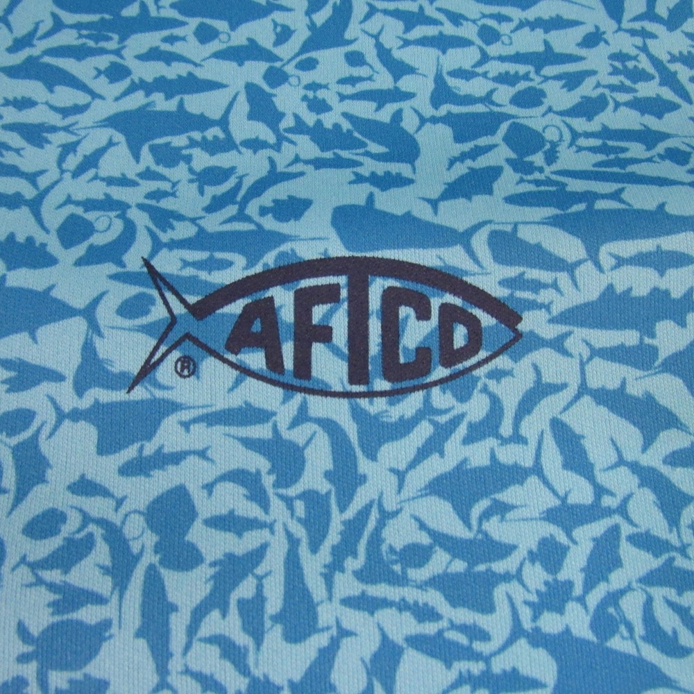 AFTCO Fishing Shirt Men Large Blue Long Sleeve Fish Print Performance Tee Slim